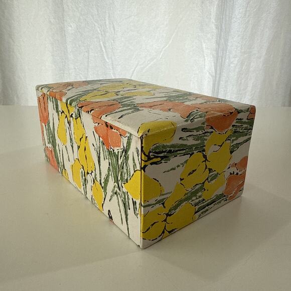 Vintage 1960s Jewelry Box 4-Drawer Orange Yellow Floral MCM Tulip Design 8x5 in - Picture 5 of 12